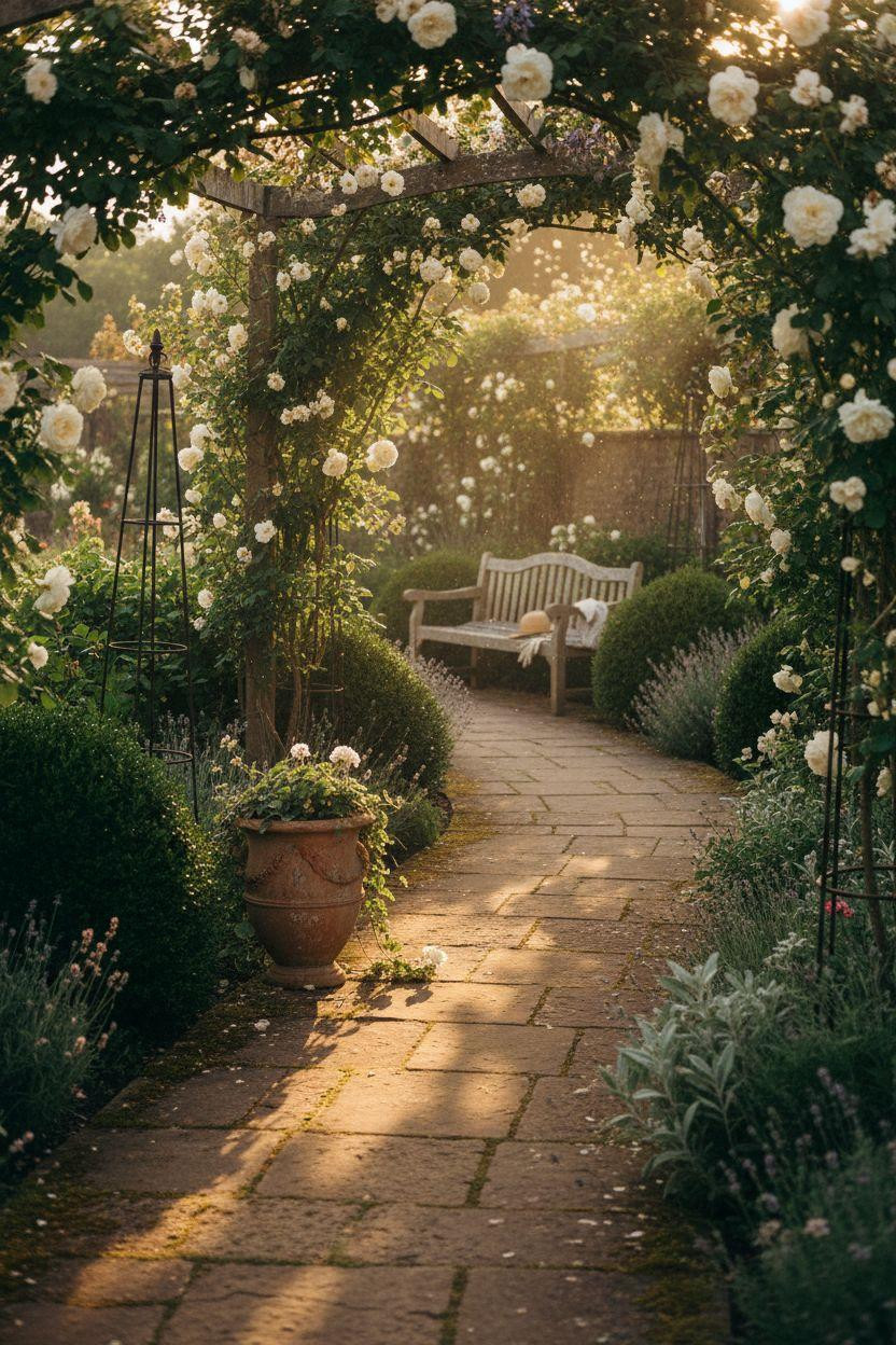 Garden Walkway - geometric herringbone limestone with lavender