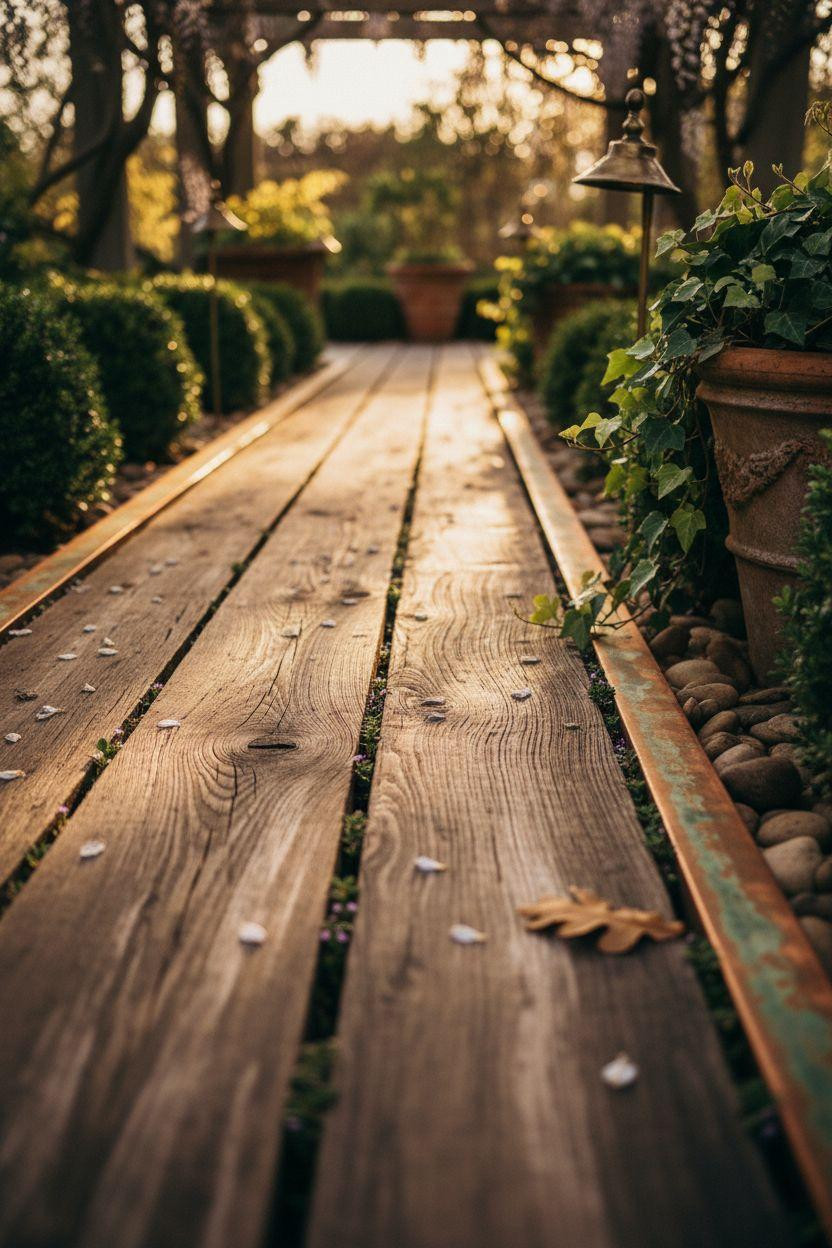 Garden Walkway - close-up teak grain with copper trim