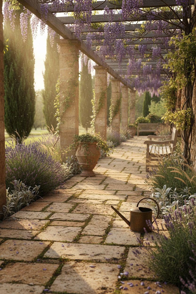 Garden Walkway - reclaimed limestone with purple wisteria