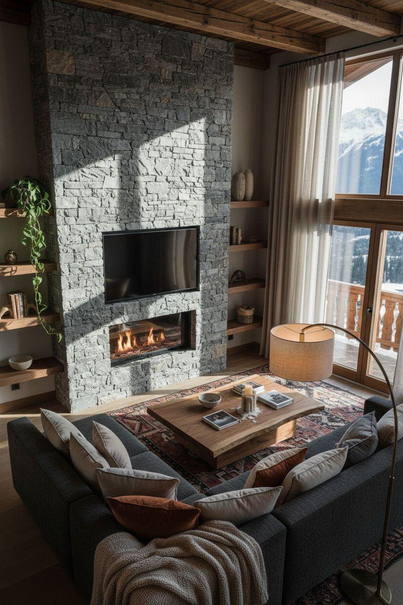 Fireplace Ideas - limestone TV wall with floating walnut shelves