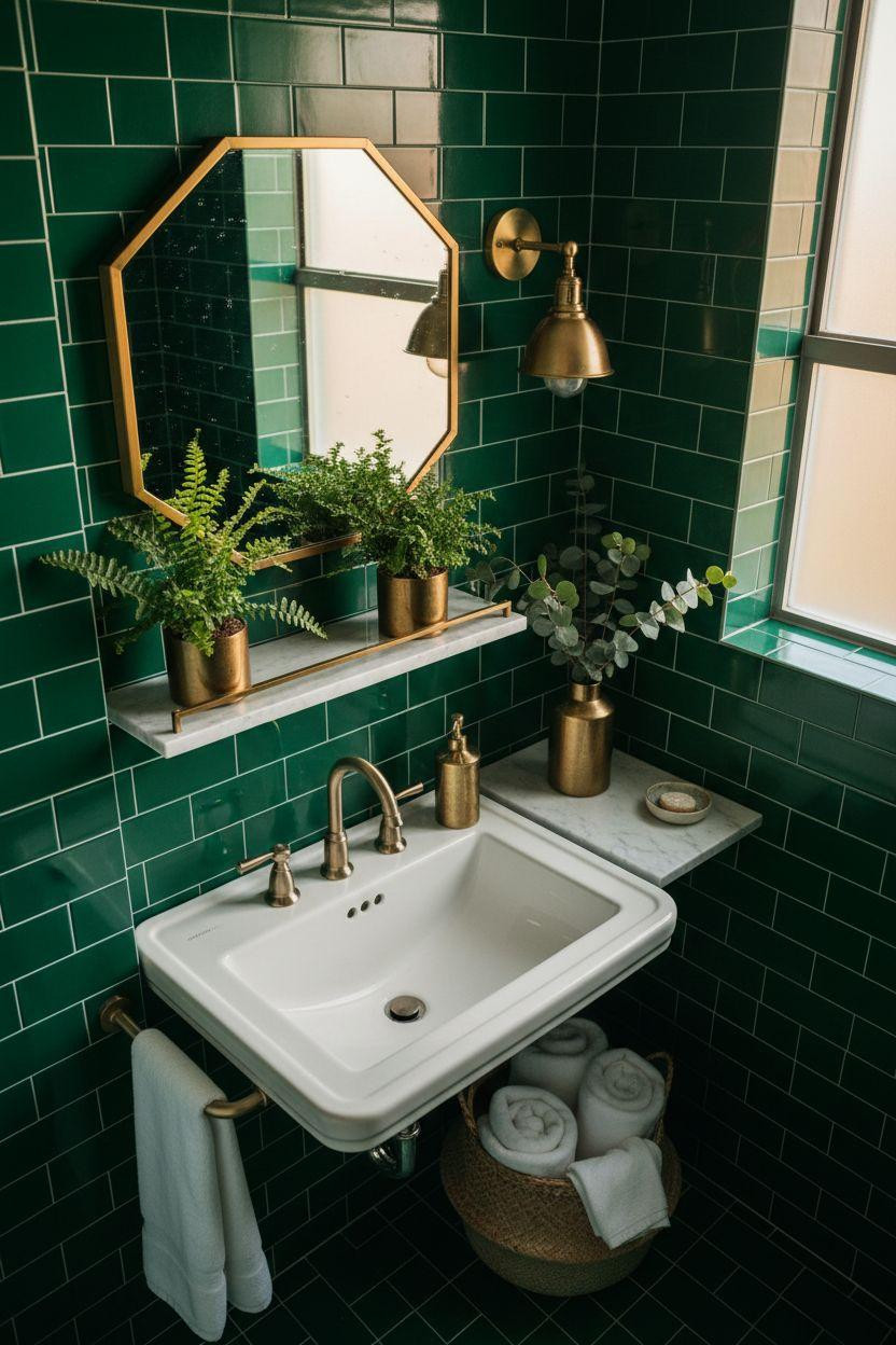 Deep Green Bathroom - emerald ceramic tiles with brass hexagonal mirror