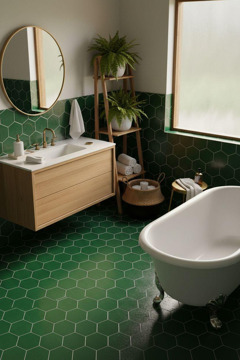 Green Bathroom Floor - large format hexagonal emerald tiles