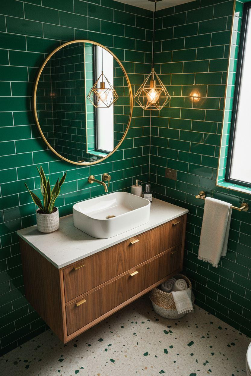 Mid Century Modern Bathroom - emerald subway tiles with geometric brass pendant