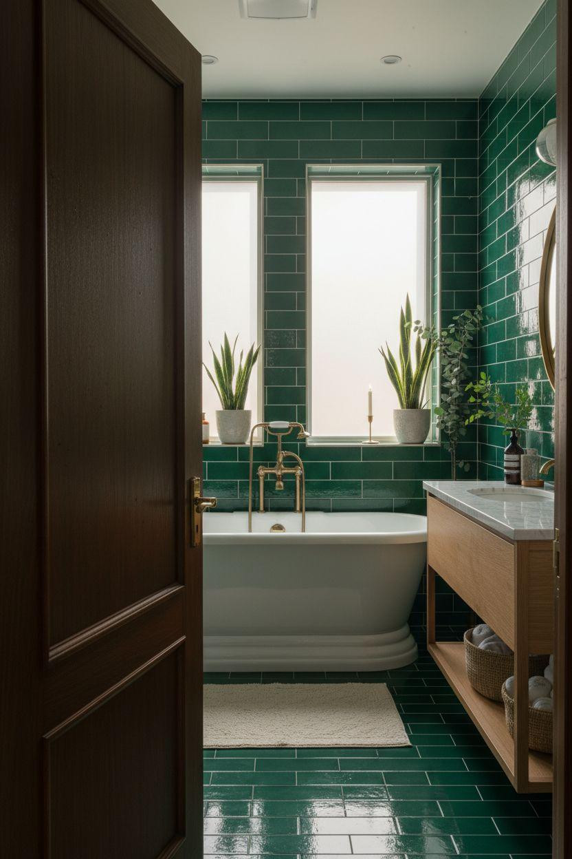 Emerald Green Bathroom - glossy subway tiles with white porcelain tub