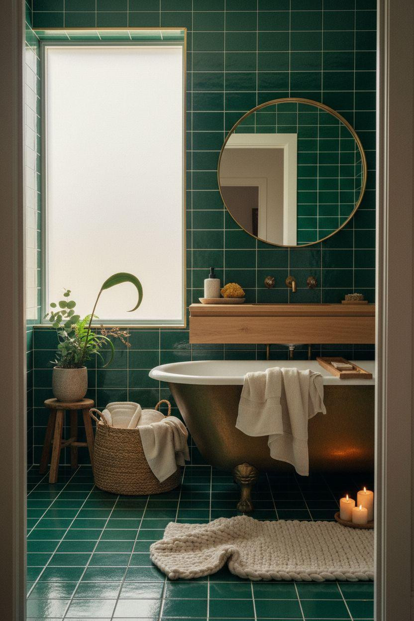 Emerald Green Bathroom - floor to ceiling tiles with brass fixtures