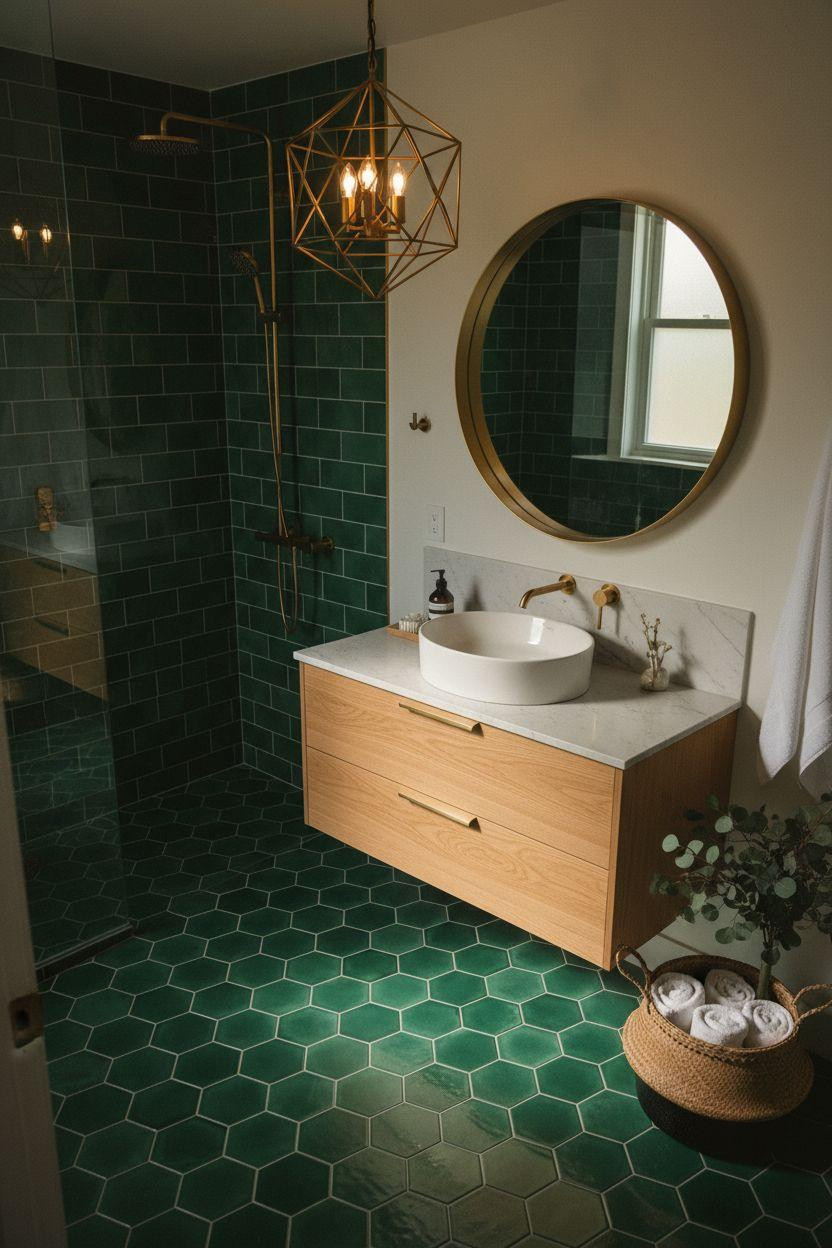 Bathroom Tiles Combination - emerald hexagonal floors with brass geometric chandelier