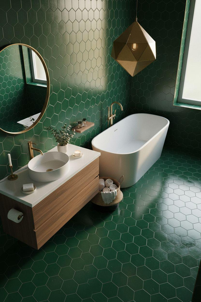 Green Tile Bathroom - emerald hexagonal floors with brass geometric pendant