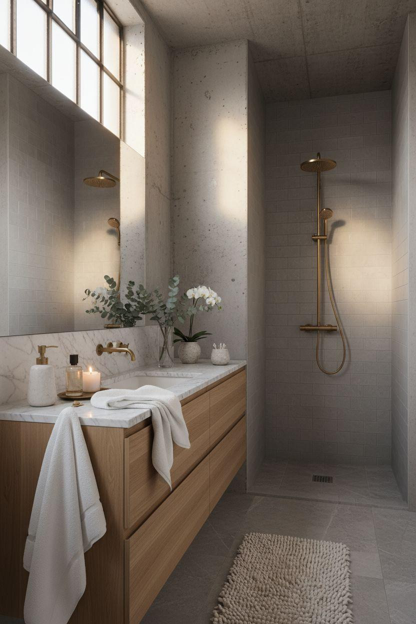Grey bathroom ideas with concrete and brass shower