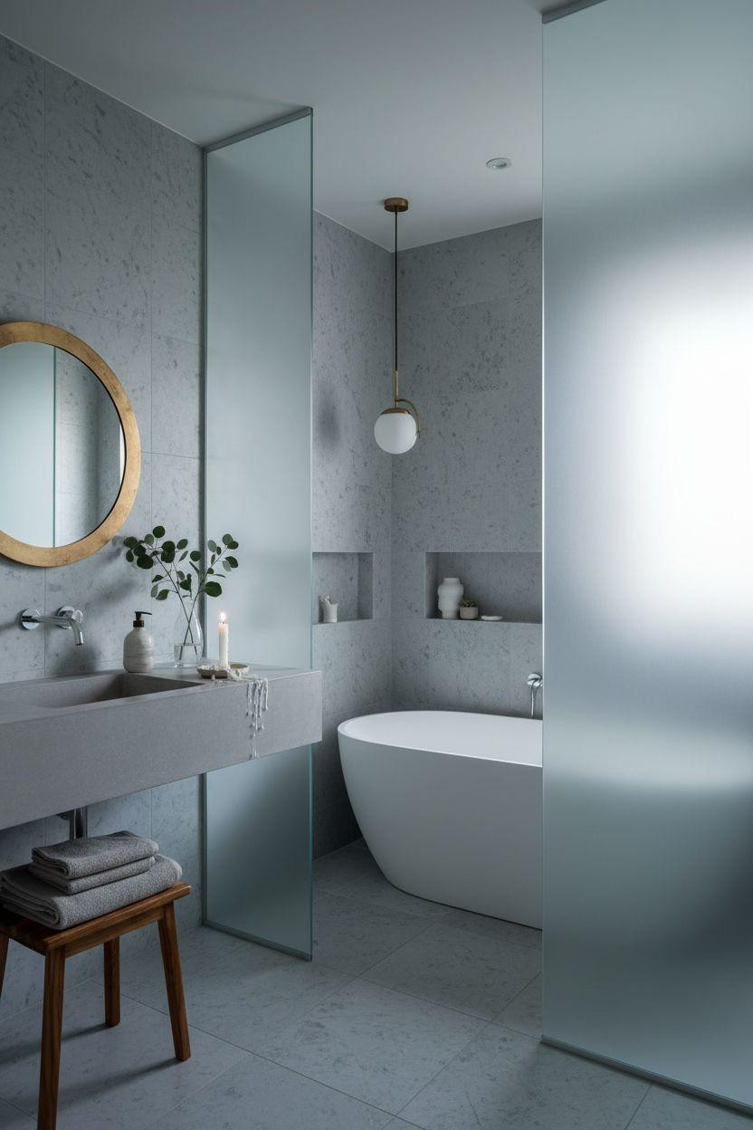 Grey bathroom ideas with oval tub and teak accents