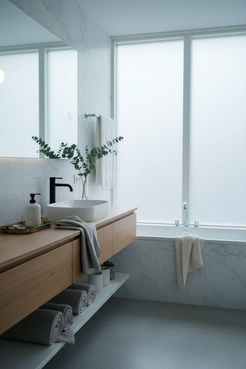 Grey bathroom ideas with white marble and chrome details