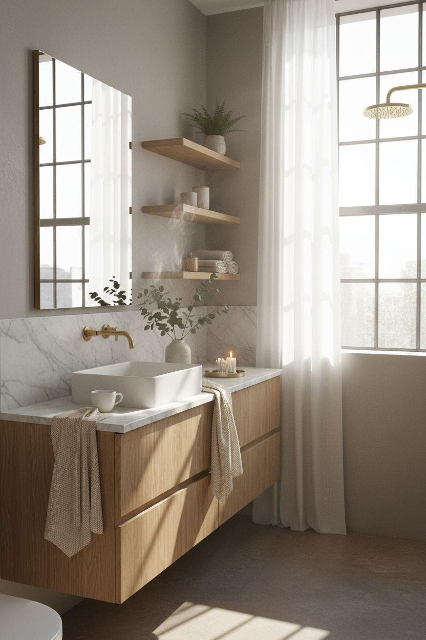 Grey bathroom ideas for tiny spaces with brass details