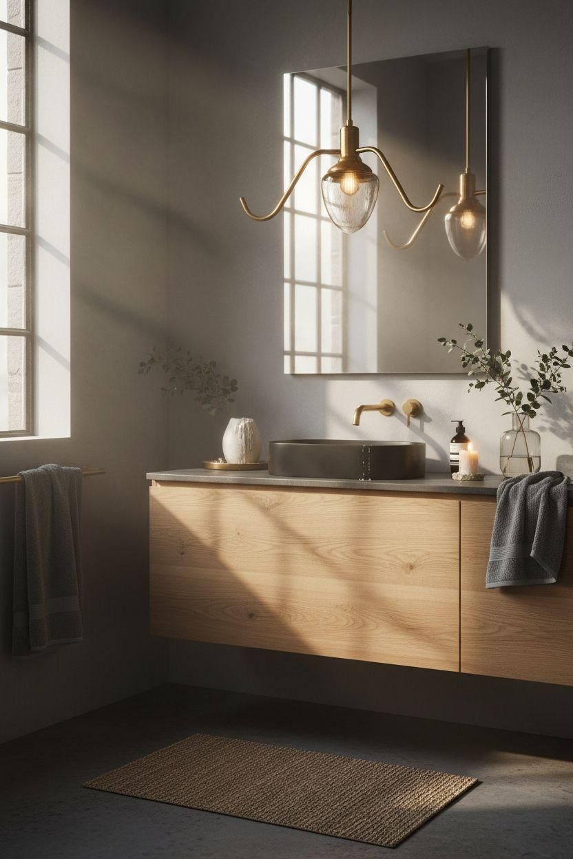 Grey bathroom ideas with statement brass lighting