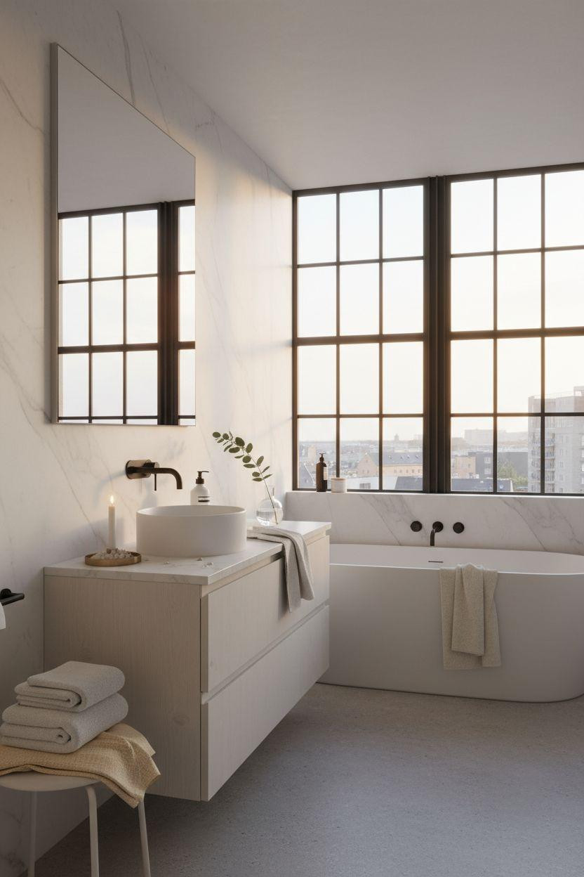 Grey bathroom ideas with pale wood and minimalist design