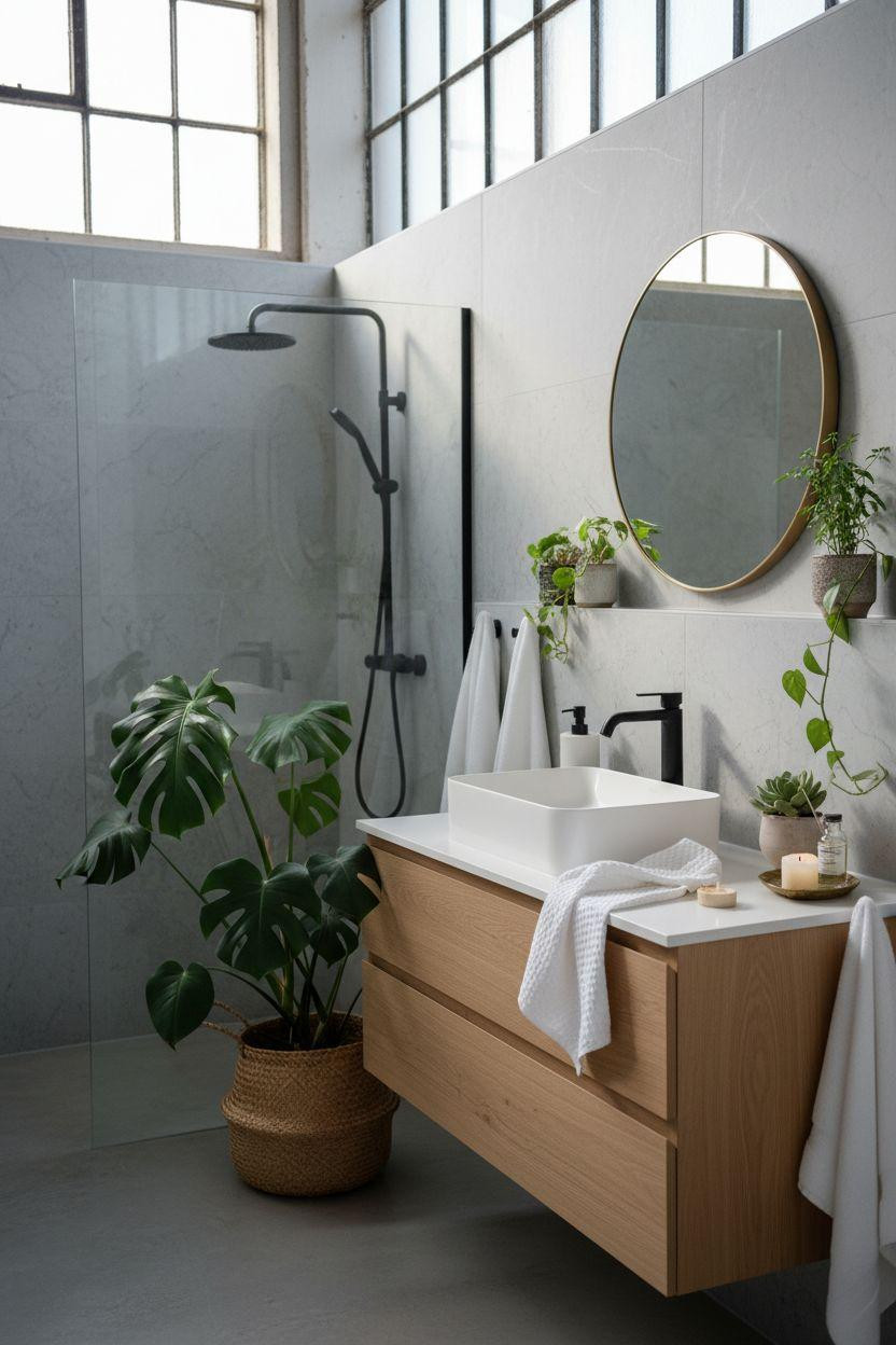 Grey bathroom ideas with plants and industrial style