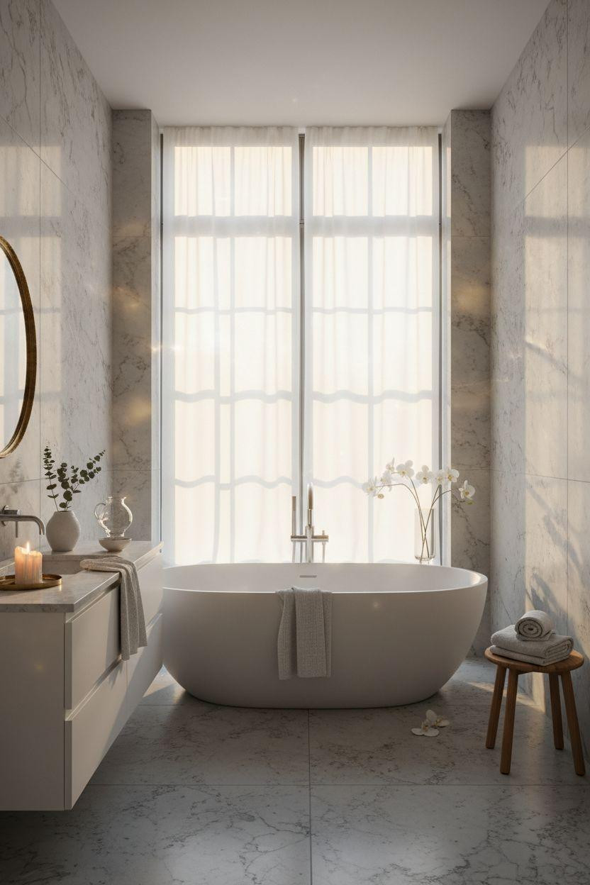 Grey bathroom ideas with freestanding tub and marble