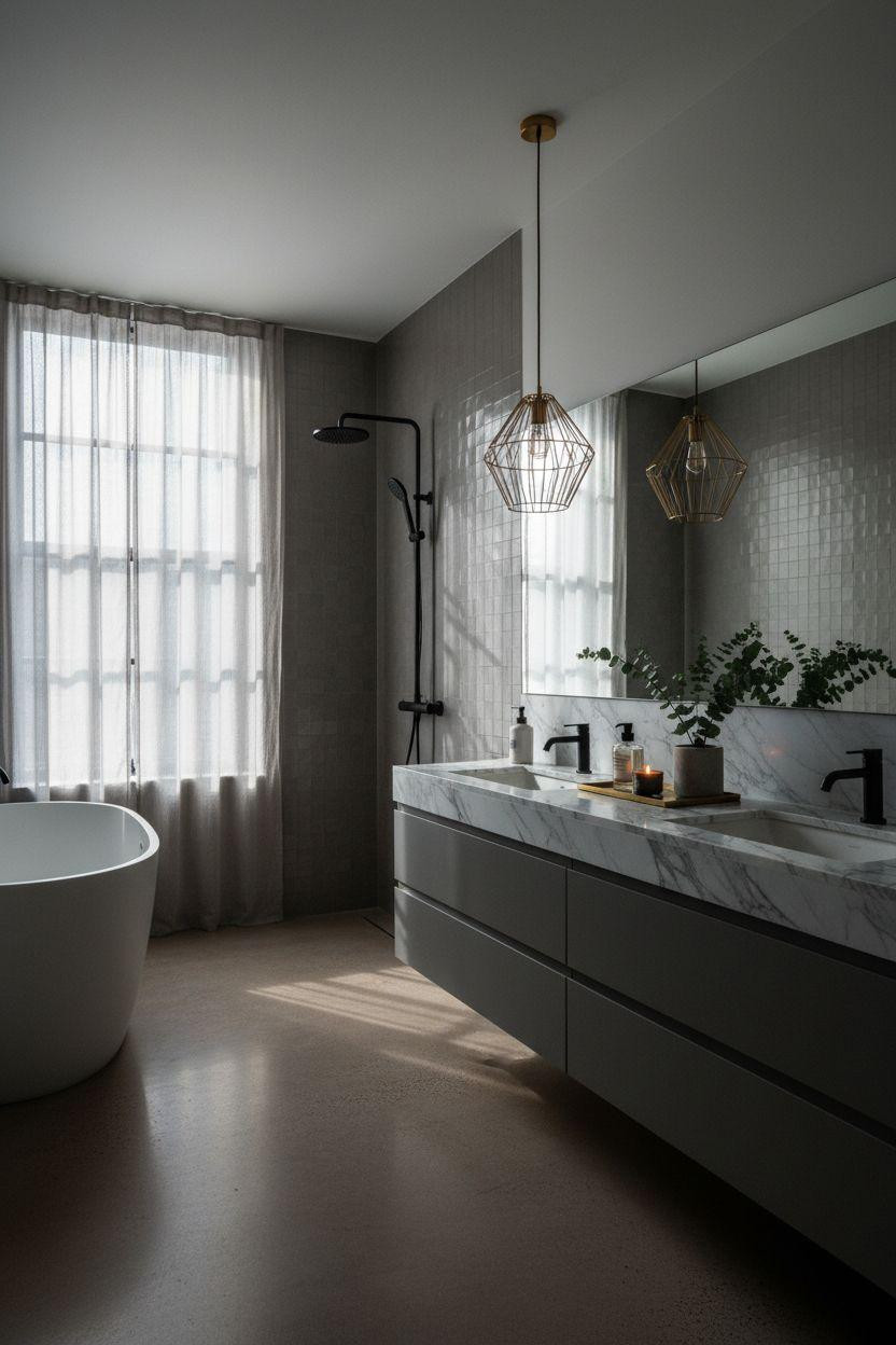 Grey bathroom ideas with charcoal tones and brass accents