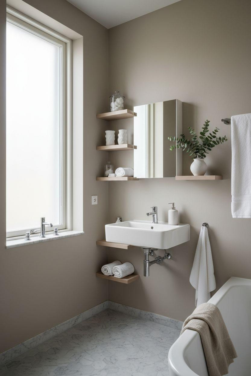 Grey bathroom ideas for small bathrooms with oak shelves