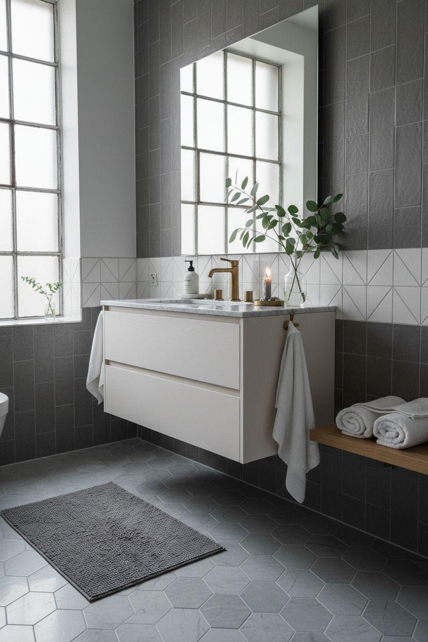 Grey bathroom ideas with hexagonal marble tiles