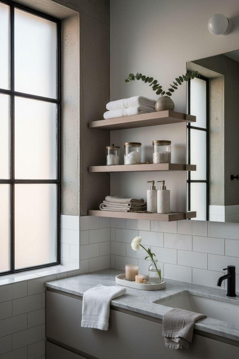 Grey bathroom ideas with oak shelving and marble counter