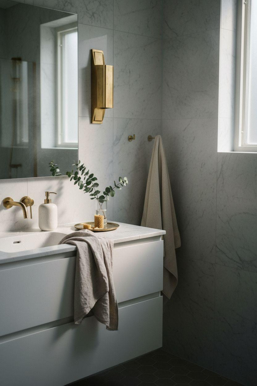 Grey bathroom ideas with open shelving and brass sconce
