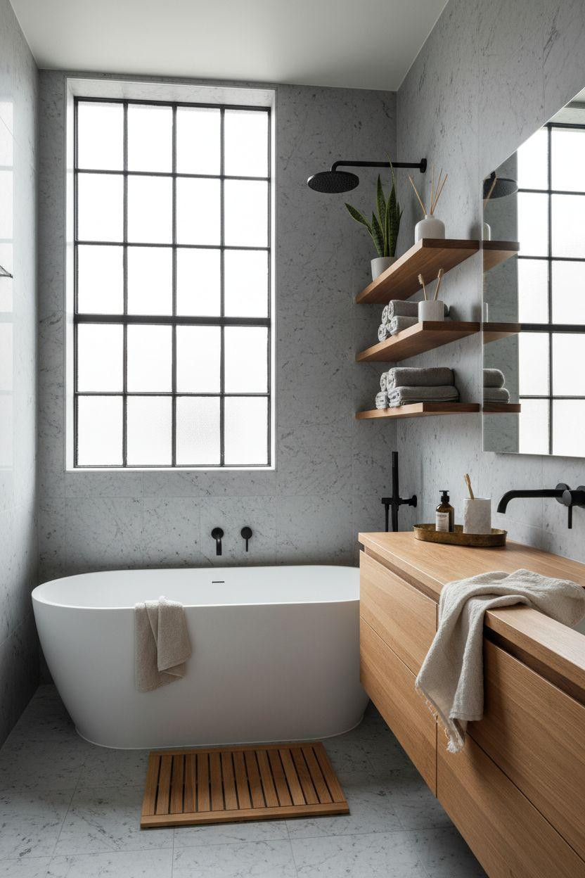 Grey bathroom ideas with teak accents and rainfall shower