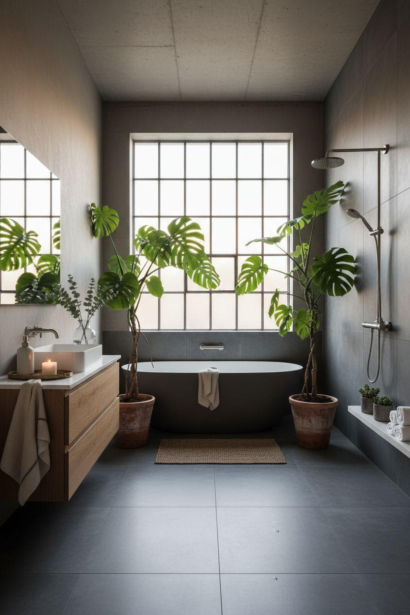 Grey bathroom ideas with plants and modern aesthetic
