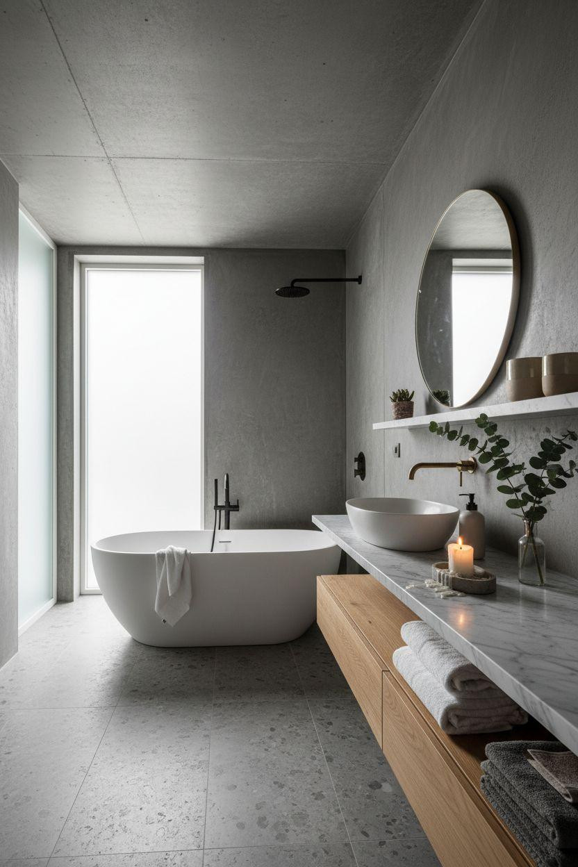 Grey bathroom ideas with large format tiles and oak vanity