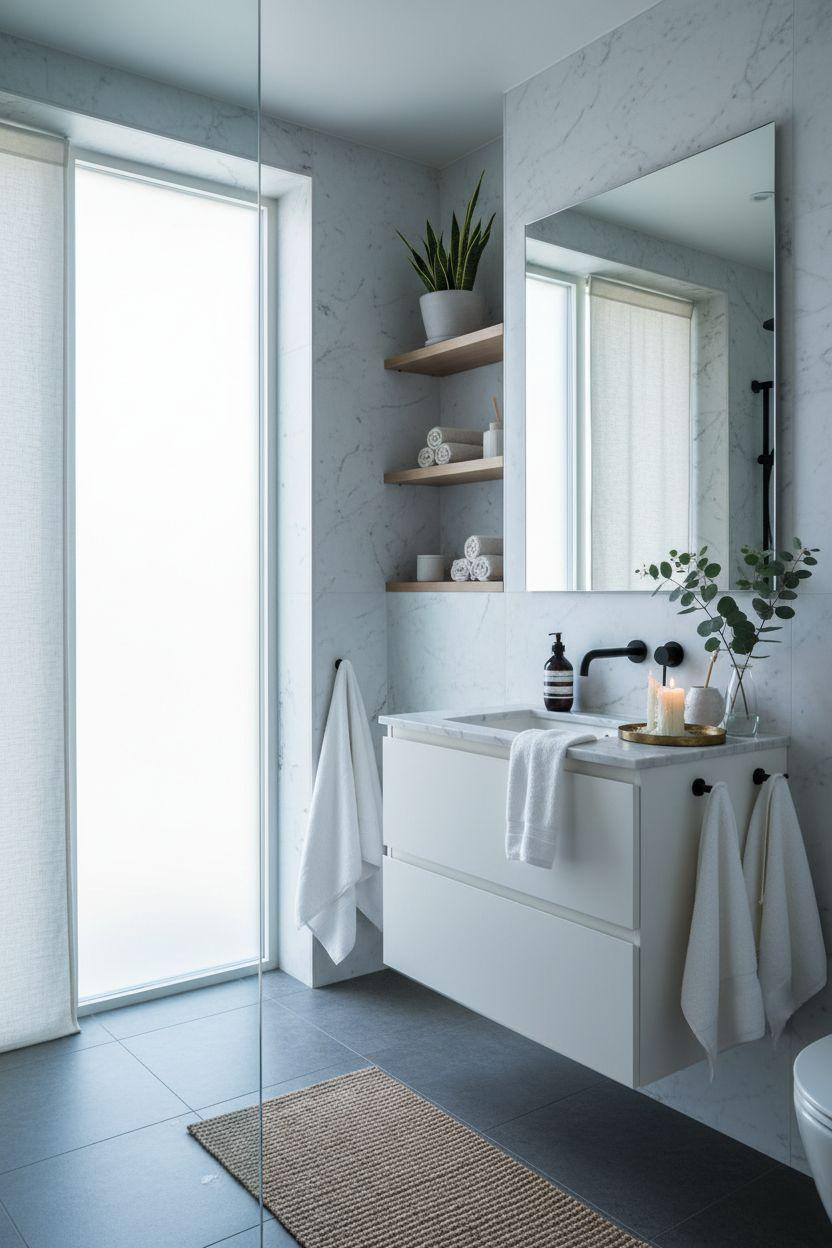 Grey bathroom ideas for small full bathrooms with oak shelves