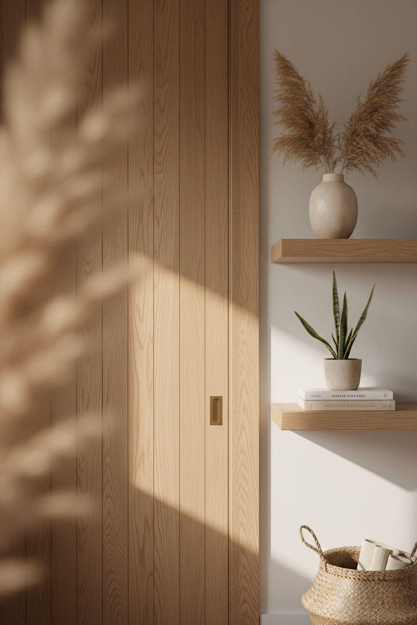 Hidden Closet Door - warm oak panels with magnetic push-open