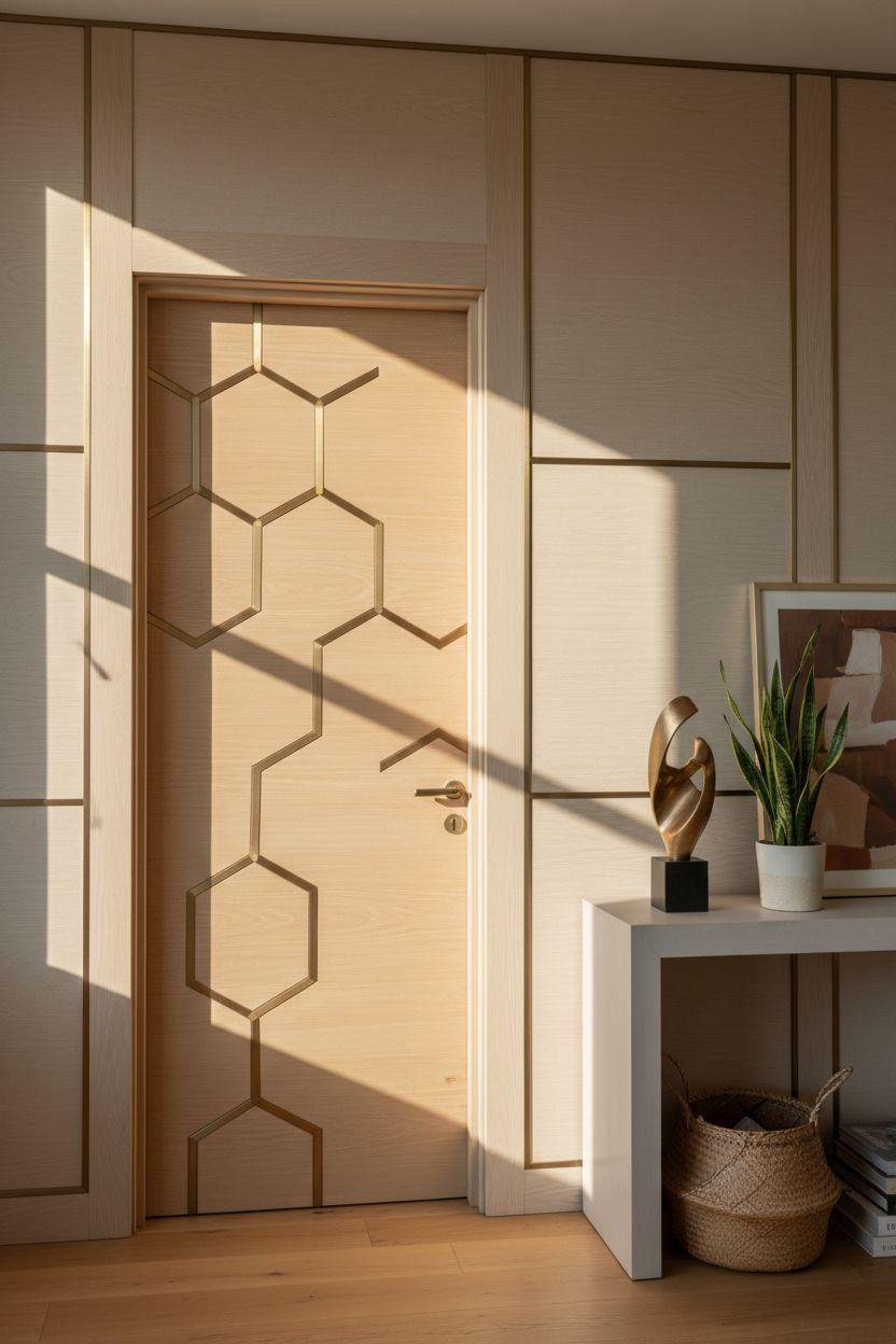 Secret Door Ideas - white oak with brass hexagonal inlays
