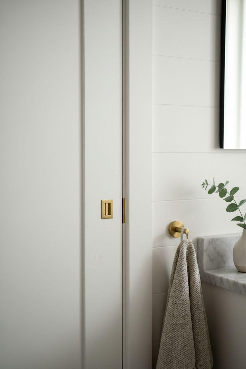 Hidden Bathroom Door - white panel with recessed brass pull