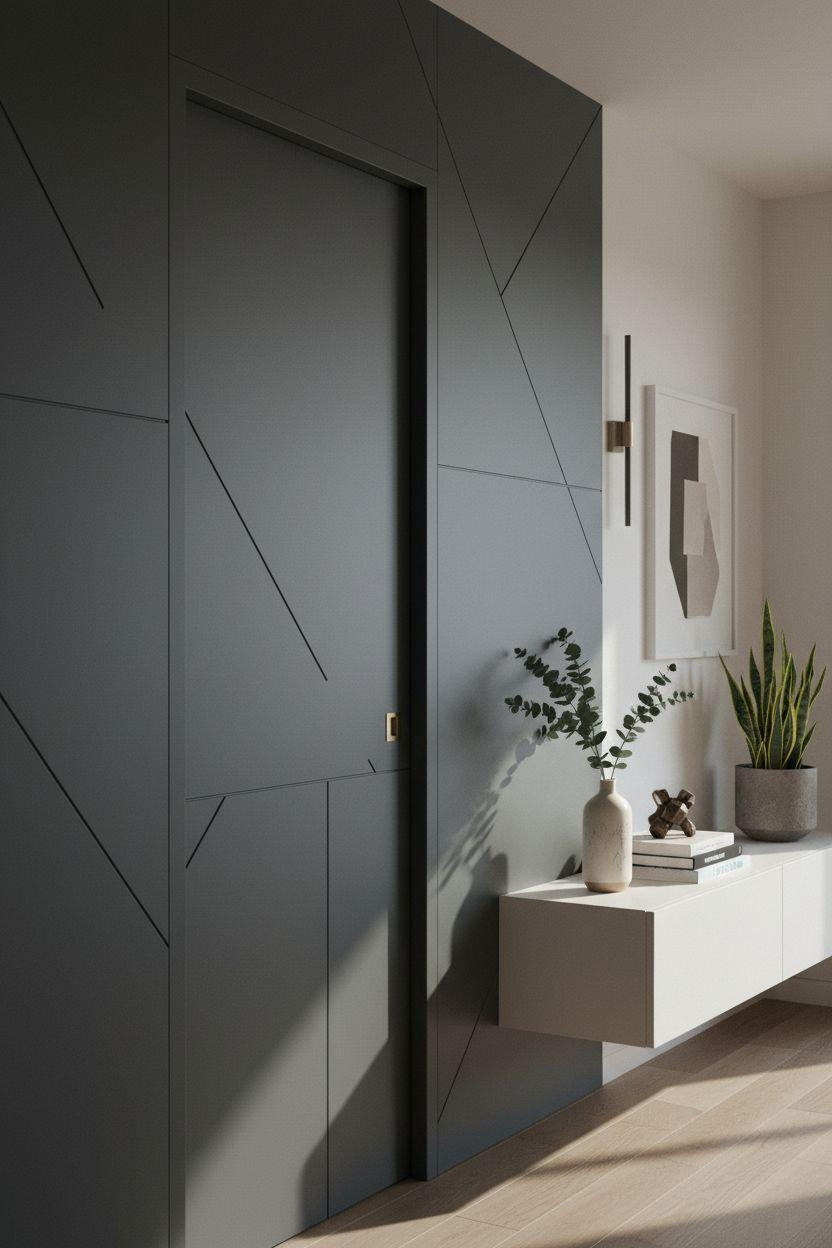 Hidden Sliding Door - charcoal panel with linear geometric pattern