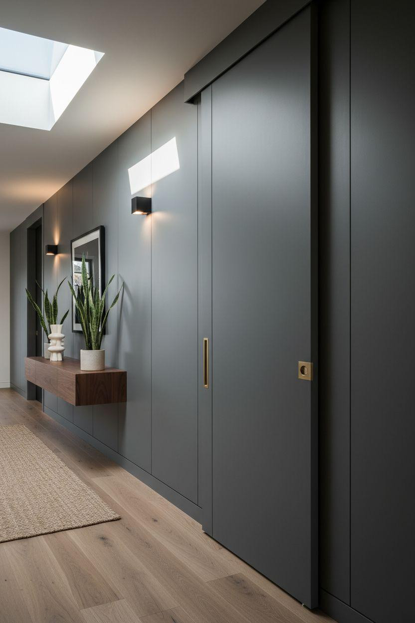 Hidden Sliding Door - charcoal gray panels with walnut console