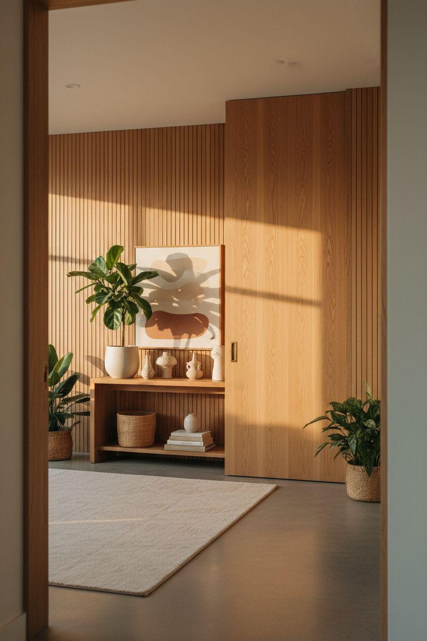 Hidden Sliding Door - oak slats with fiddle leaf fig through doorway
