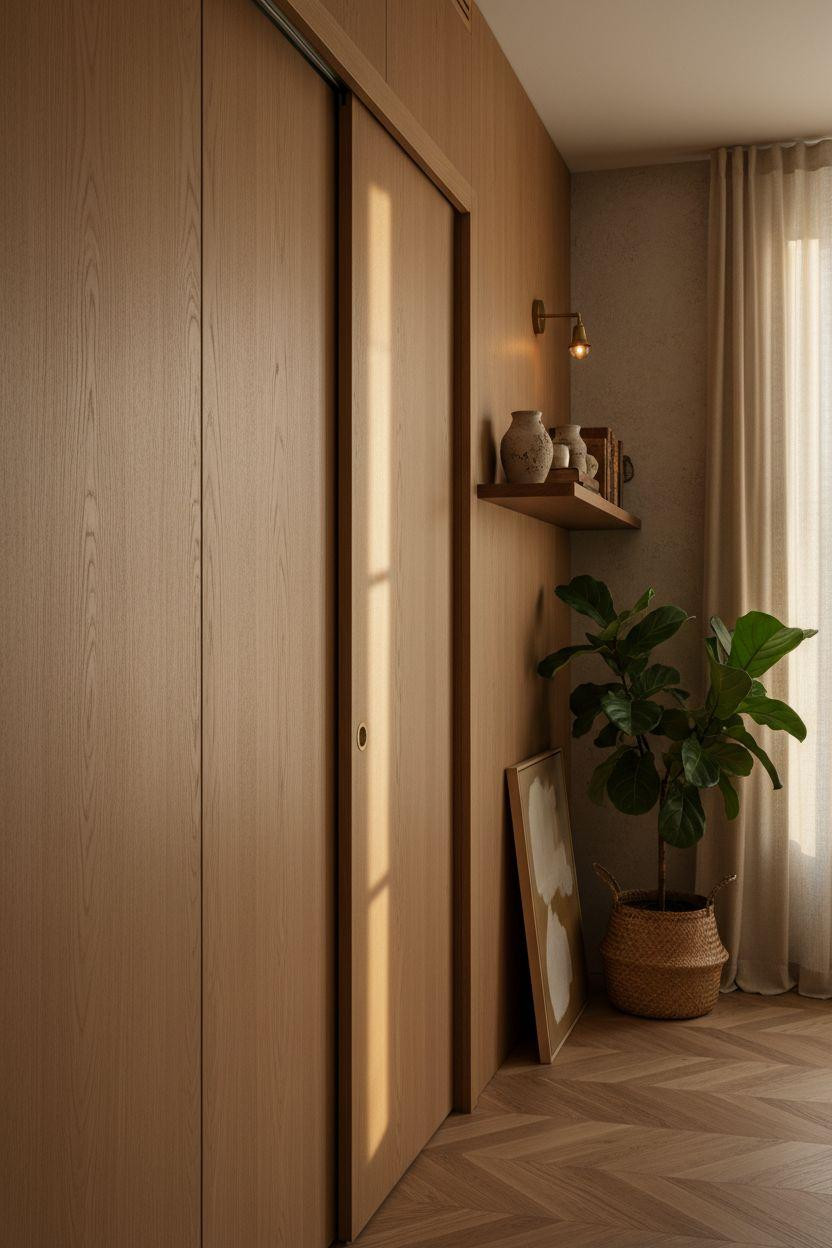 Hidden Sliding Door - warm oak floor-to-ceiling with brass sconce