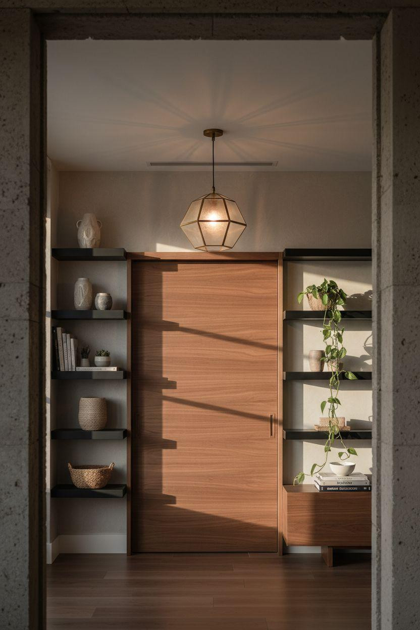 Secret Doors In Houses - walnut wall with open shelving and concealed door