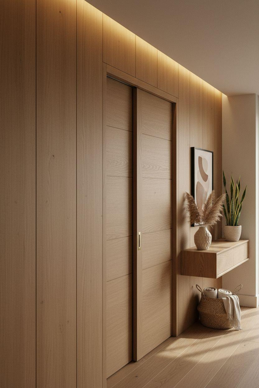 Hidden Sliding Door - warm oak horizontal grain with brass pull