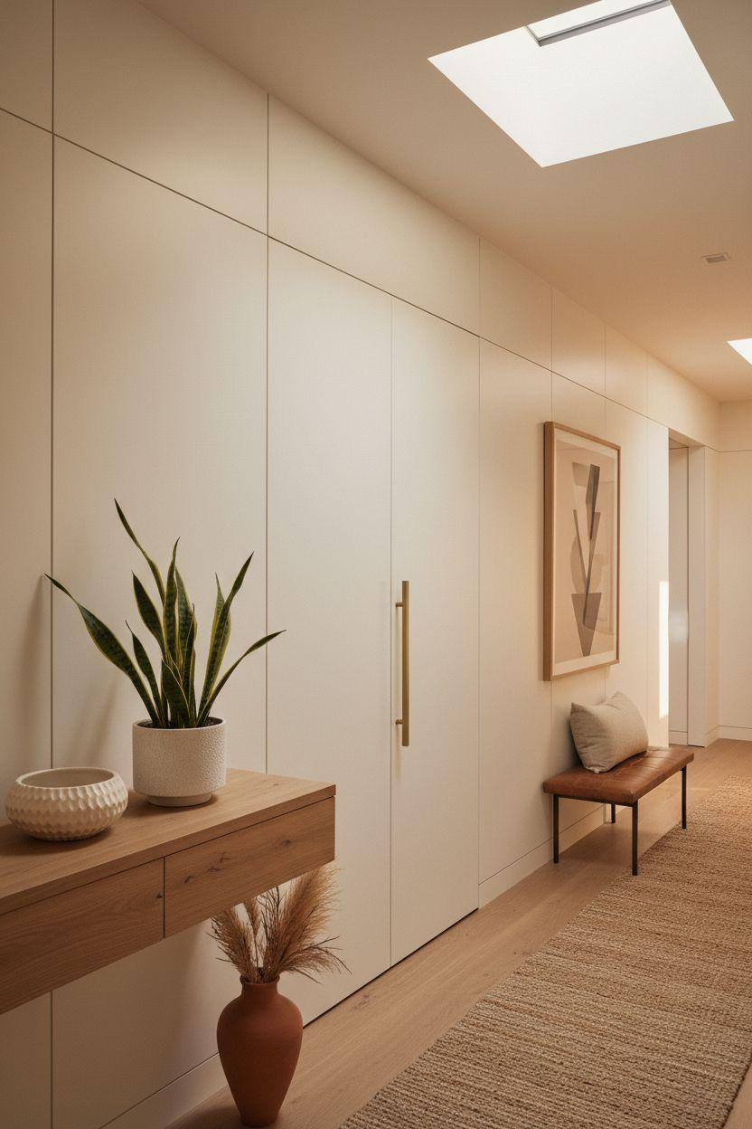 Hidden Closet Door - warm white panels with linear brass handle and jute runner