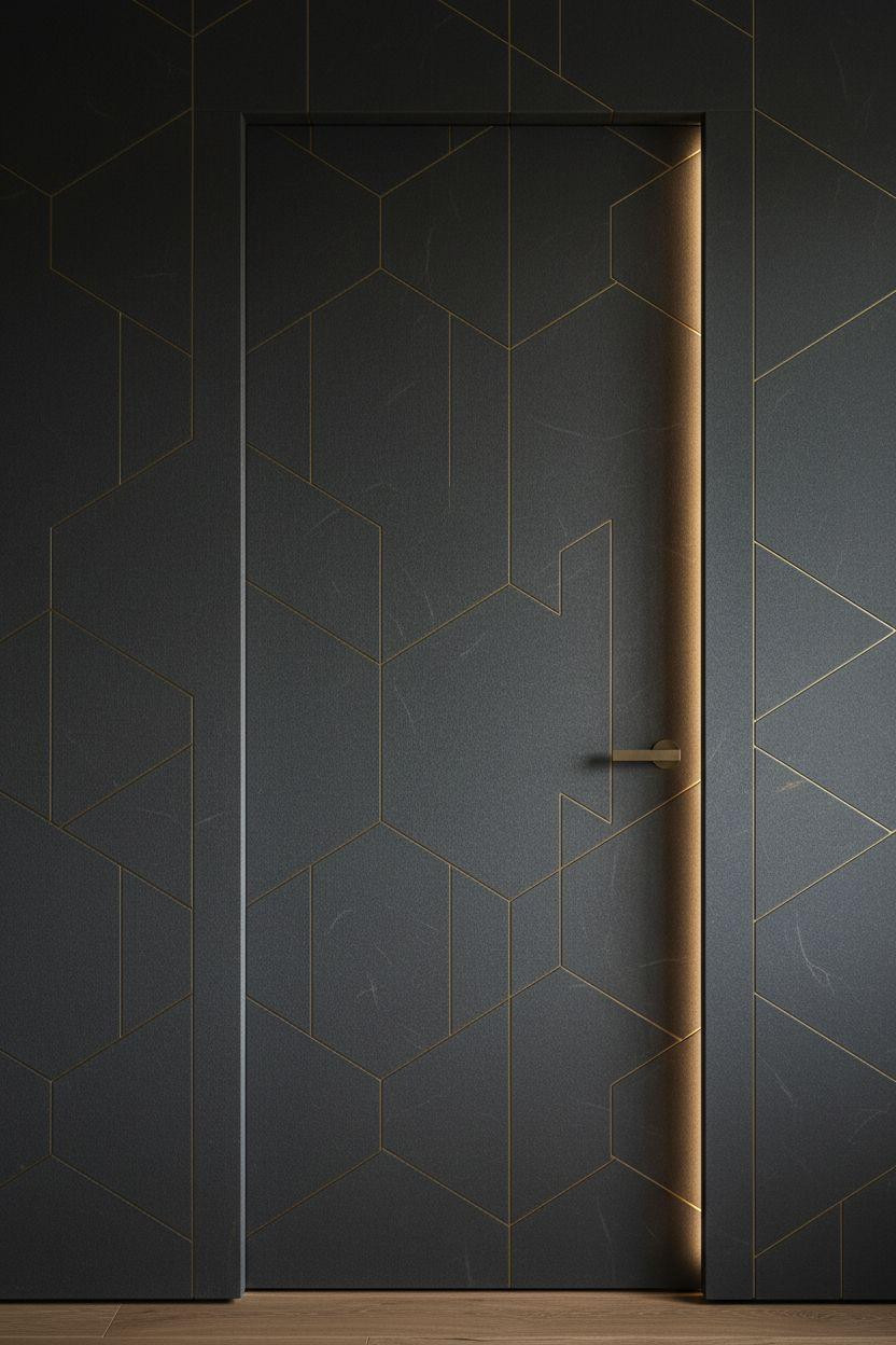 Hidden doors in walls with modern geometric design