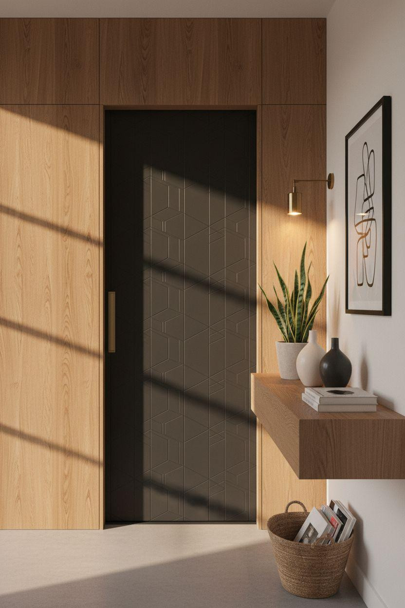 Hidden doors in walls with geometric sliding panel