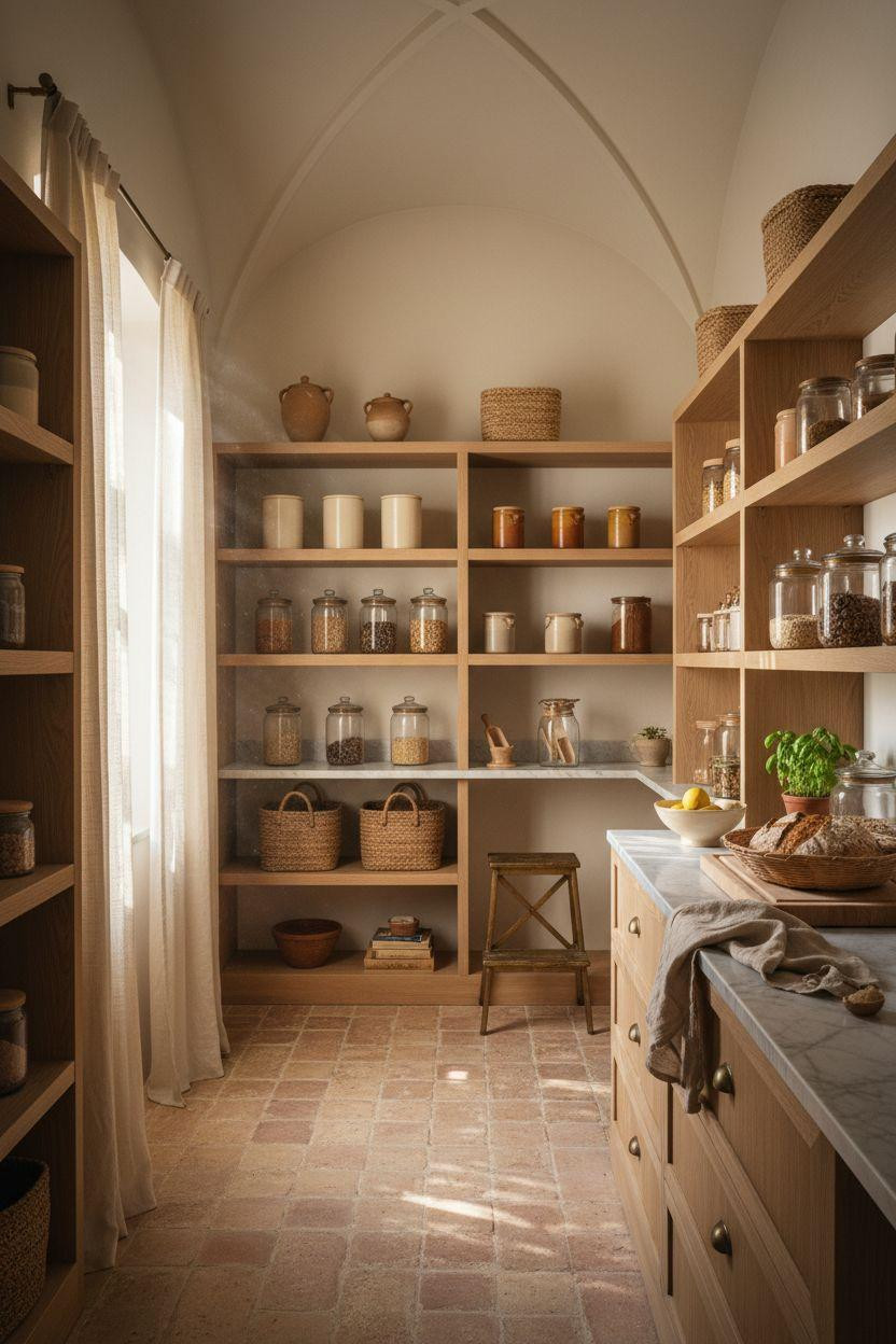 Hidden Pantry - botanical touches with white oak shelving