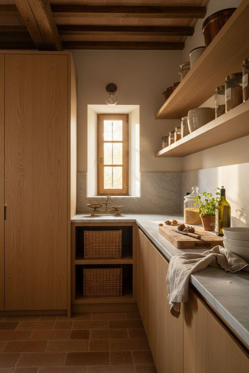 Hidden Pantry - soaring ceilings with abundant white oak shelving