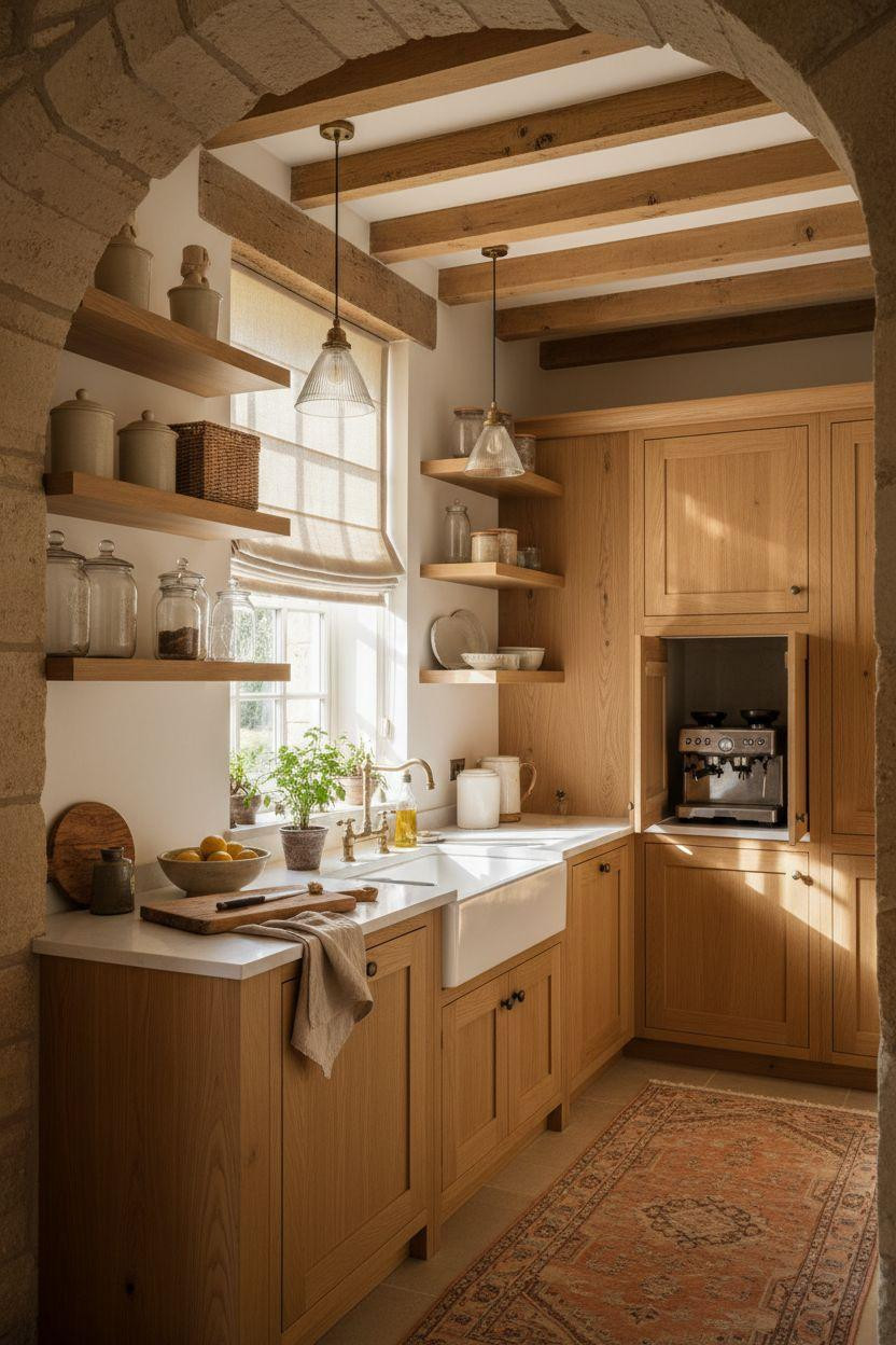 Hidden Pantry - stone archways with oak beam ceilings