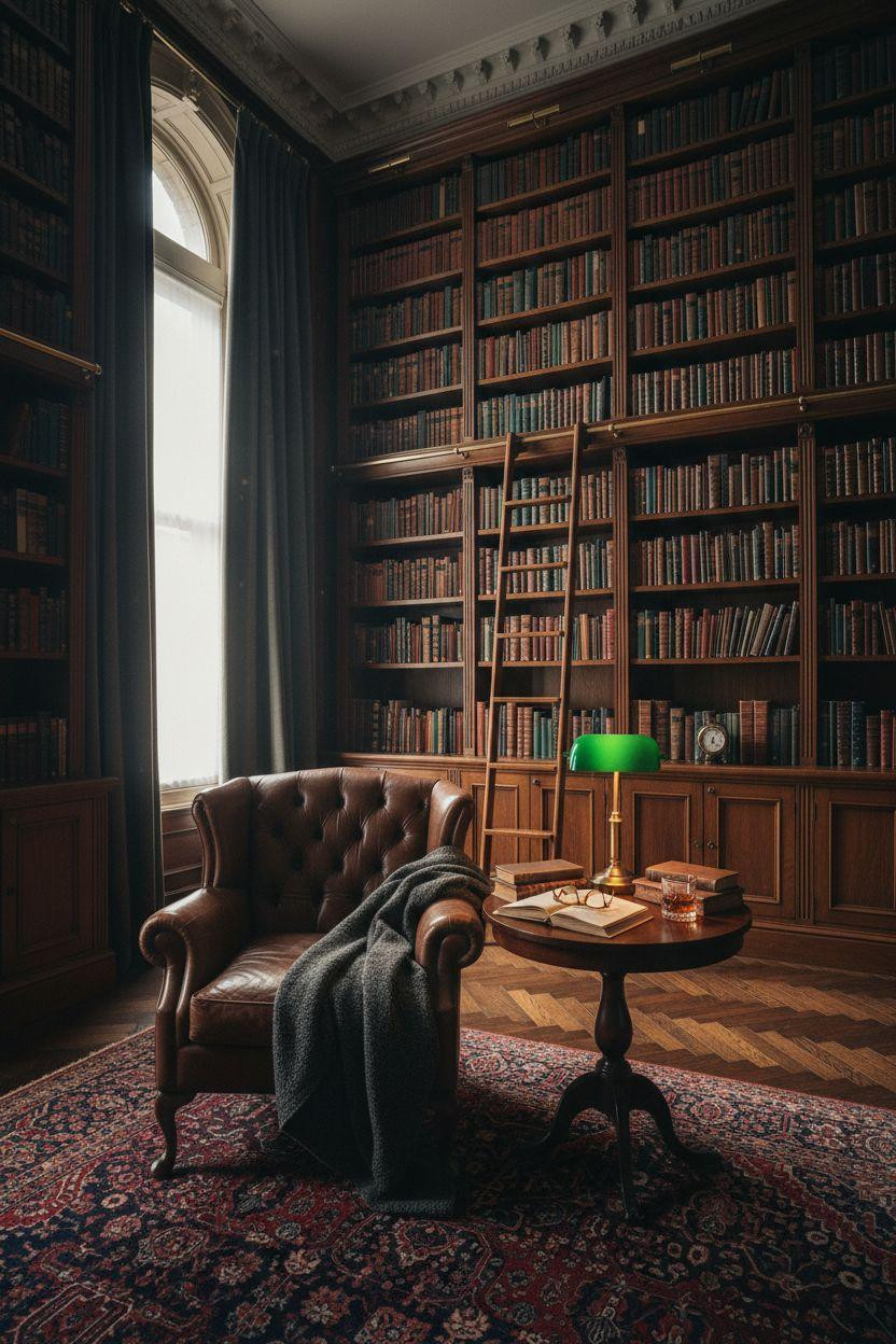 Home Library Rooms Ideas - dark dramatic reading corner