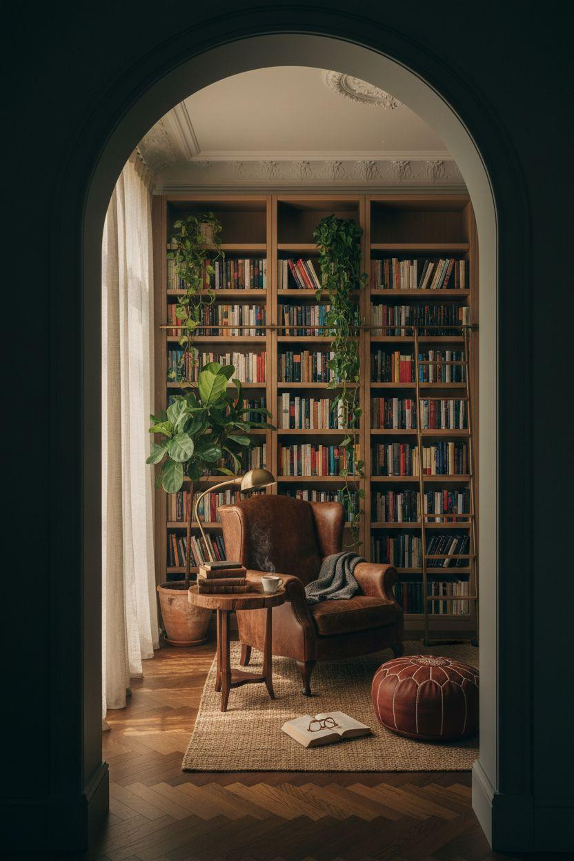Home Library Rooms Ideas - framed library entrance with plants