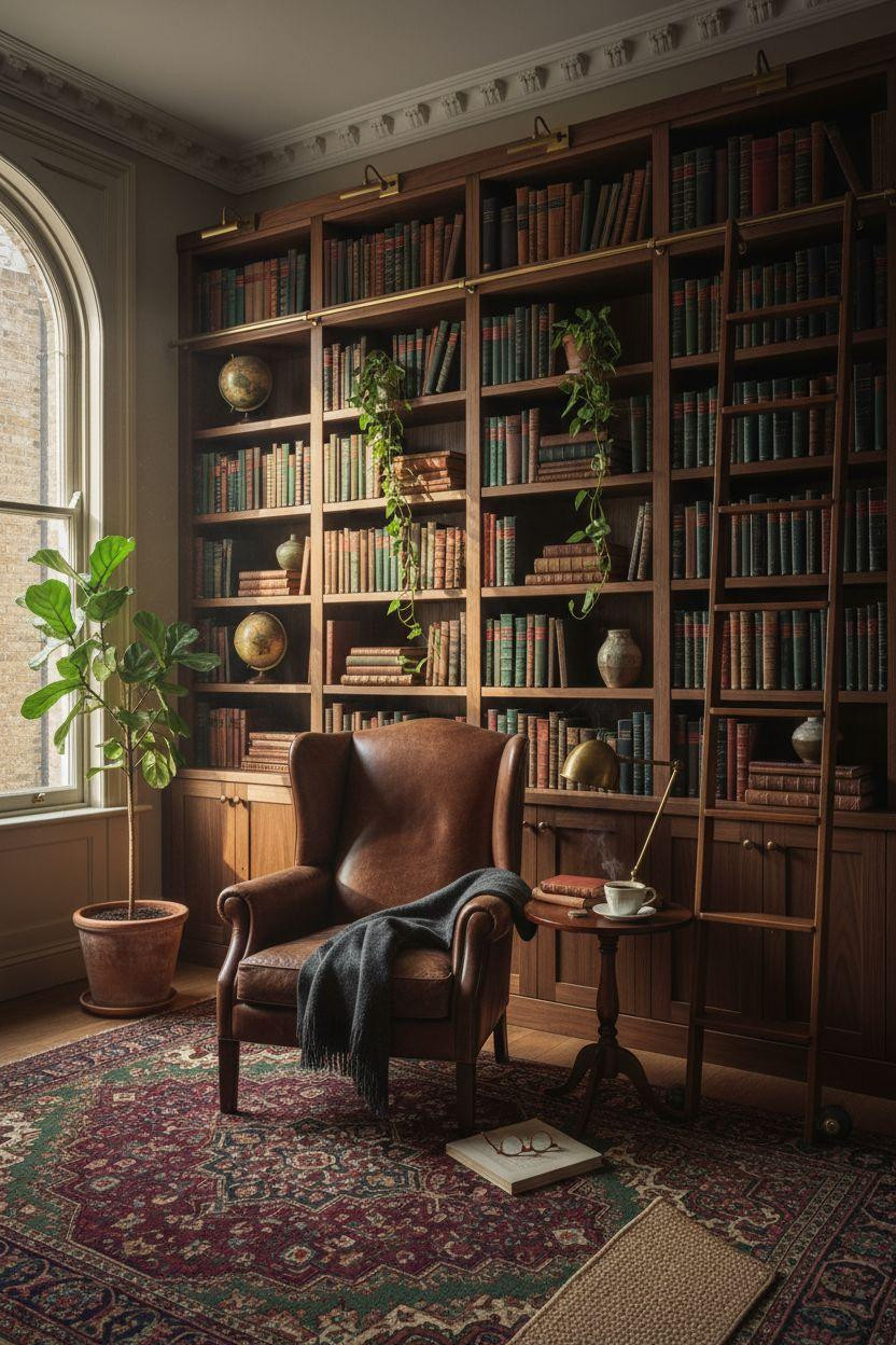 Home Library Rooms Ideas - compact library with botanical touches