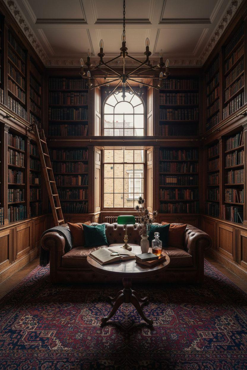 Home Library Rooms Ideas - dramatic library with statement lighting