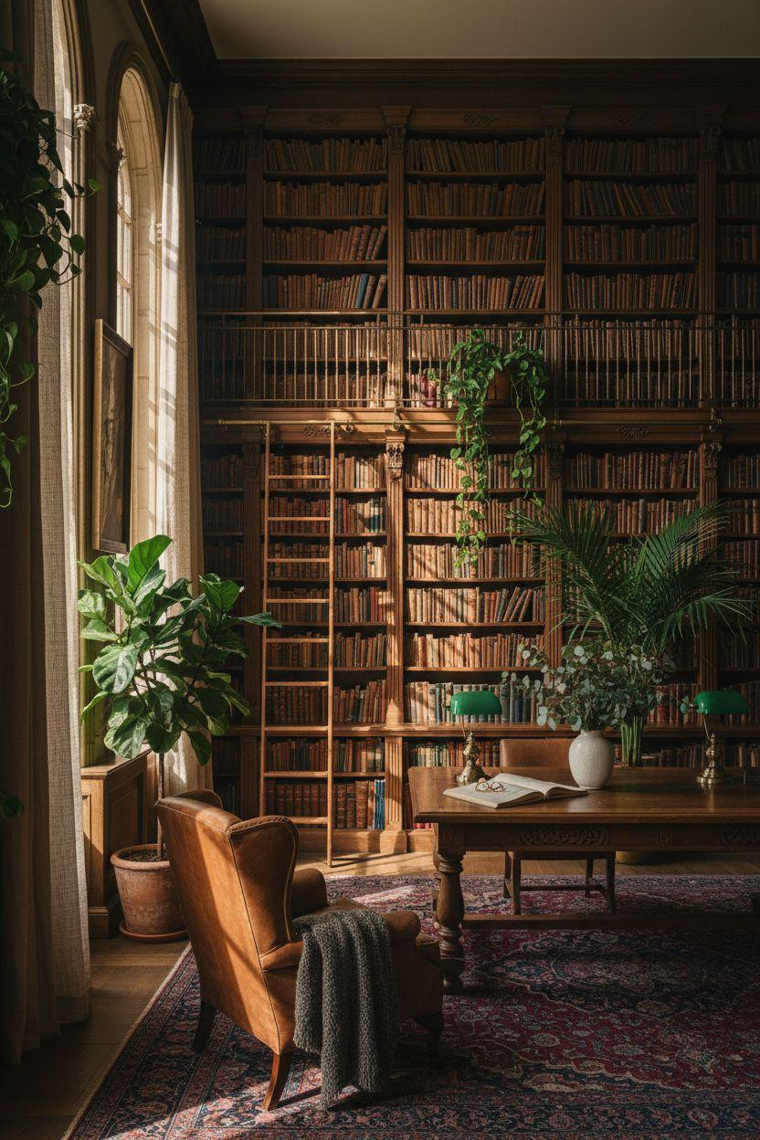 Home Library Rooms Ideas - dark library with plants