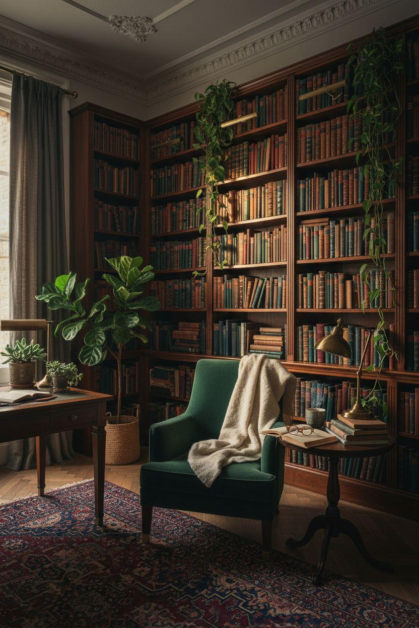 Home Library Rooms Ideas - jewel-tone reading space with plants