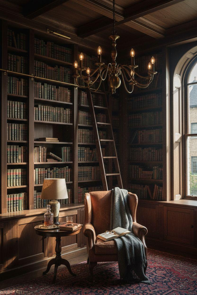Home Library Rooms Ideas - statement lighting in library